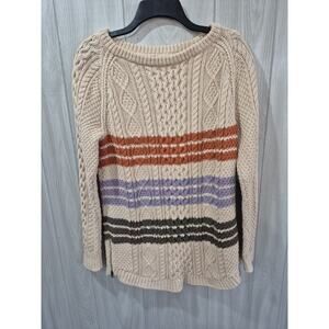 LL Bean Signature Women's Sz M Cream Striped Cotton Fisherman Zip Side Sweater